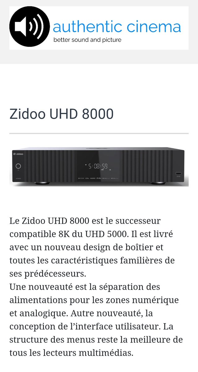 Je médite pour remplacer mon lecteur R_vokution PlayerOne 8k AC par un Zidoo UHD 8000 AC

✅ Bibliothèque de films accessibles Offline 
✅ Interactivité plus poussée dans la bibliothèque Online
✅ Double rack HDD
✅ Double sortie HDMI
Ma seule crainte, la qualité d'image et son