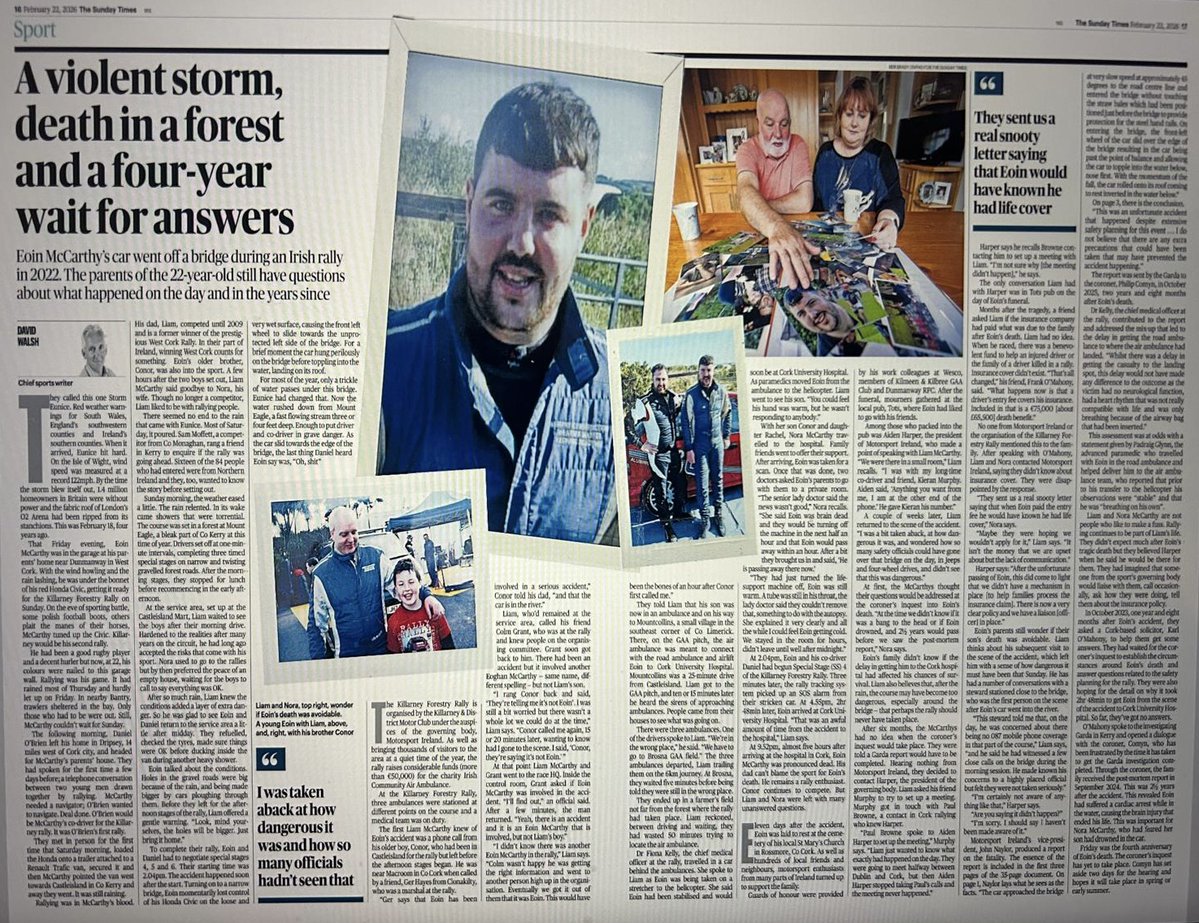 Tragic consequences of a rallying accident that no one ever wants to go through. A compassionate and sensitively revealing article written by <a href="/DavidWalshST/">David Walsh</a> <a href="/TimesSport/">Times Sport</a>.  
4 years ago on 22nd February Irish Rallying lost Eoin McCarthy (RIP). The story since is not an easy read.