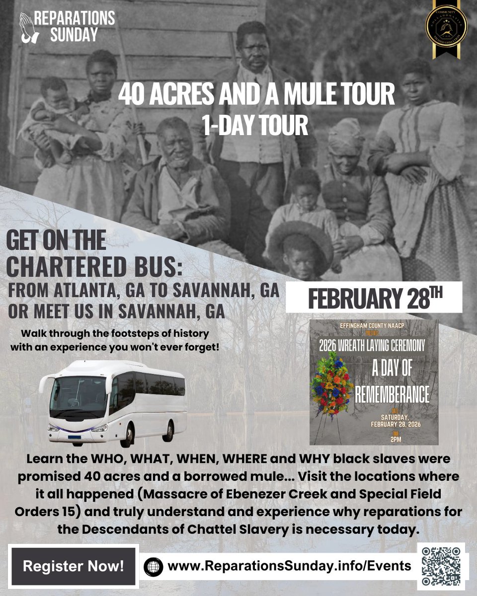 Saturday, Feb 28th... Get on the bus for the 40 Acres and a Mule Tour! Join us and attend the event honoring those who died in the Massacre of Ebenezer Creek and visit the historic site of Special Field Orders No. 15: ReparationsSunday.info/events

#Atlanta #Savannah #tour #travel