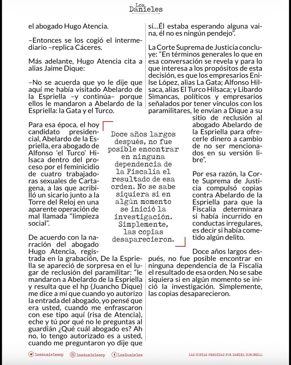 leaote's tweet image. La columna de @DCoronell #LasCopiasPerdidas demuestran que en la @FiscaliaCol pasaron cosas raras, como la desaparición de una compulsa de copias de la @CorteSupremaJ contra el abogado y hoy candidato #AbelardoDeLaEspriella, para que se investigara el delito de soborno,art.444CP.
