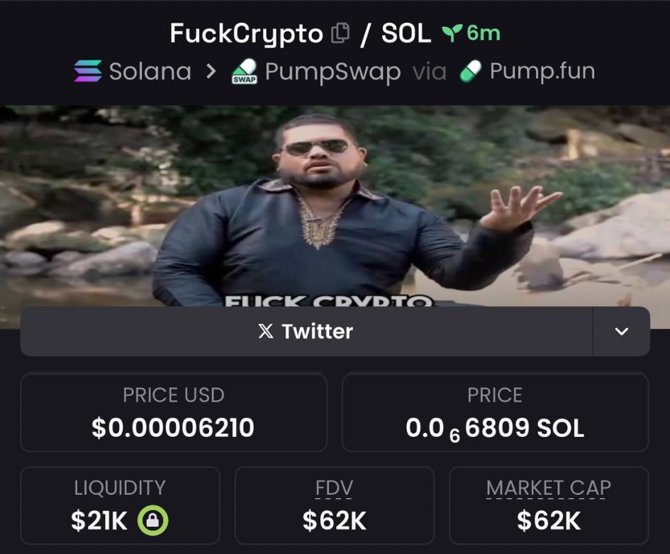 FomoChemist's tweet photo. Aped $FuckCrypto at $62K Mcap in my private Tg.
68ZmDLAGzRTQr8LWGNk23tGjr9wQihBFaxSP7qAjpump
#fuckcrypto #solana #memecoin https://t.co/iaahtdE4Uv
