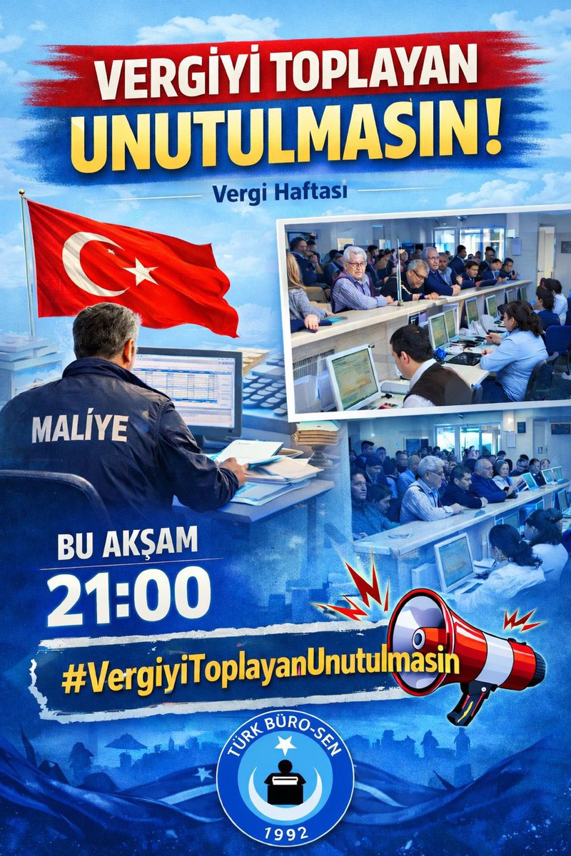 📌 Ülkemizde 23 Şubat 1 Mart tarihleri arası Vergi Haftası olarak kutlanmaktadır. Vergi haftasında vergiyi toplayan maliye çalışanlarını hatırlatmak, farkındalık oluşturmak için; bu akşam saat 21.00’de Genel Başkanımız Türkeş Güney’in paylaşımı ile X sosyalde buluşuyoruz.