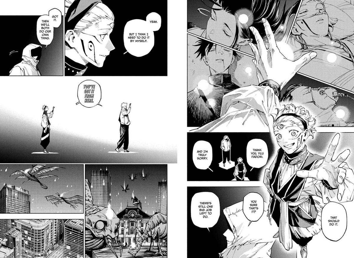 Belevi23's tweet photo. This chapter is astonishing, it's the highest level of Jujutsu we've seen since Gojo vs Sukuna and the same Kenjaku was to achieve for the Merger, it's the Merger but a peaceful one aiming for harmony and that's definitely where "Modulo" comes from #呪術モジュロ https://t.co/smsfcfxJg5