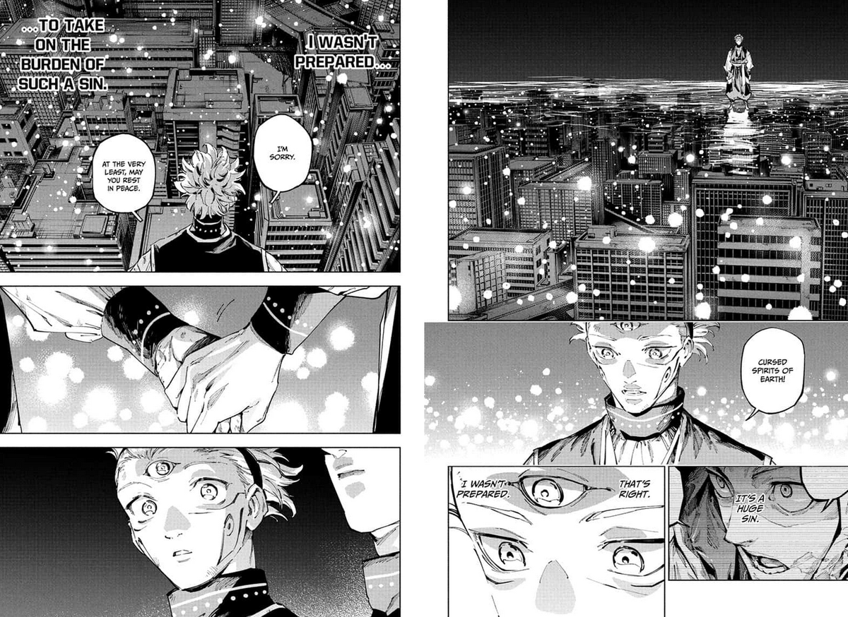 Belevi23's tweet photo. This chapter is astonishing, it's the highest level of Jujutsu we've seen since Gojo vs Sukuna and the same Kenjaku was to achieve for the Merger, it's the Merger but a peaceful one aiming for harmony and that's definitely where "Modulo" comes from #呪術モジュロ https://t.co/smsfcfxJg5