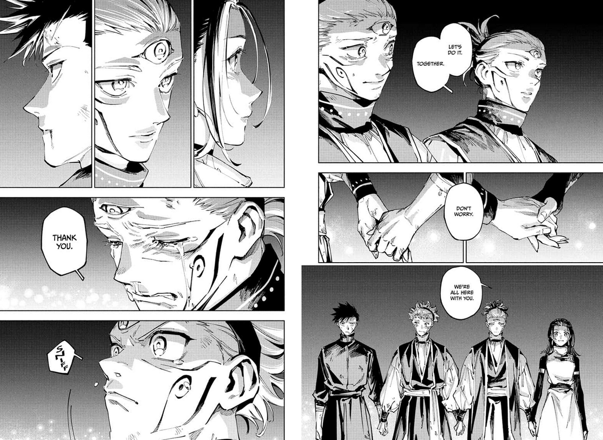 Belevi23's tweet photo. This chapter is astonishing, it's the highest level of Jujutsu we've seen since Gojo vs Sukuna and the same Kenjaku was to achieve for the Merger, it's the Merger but a peaceful one aiming for harmony and that's definitely where "Modulo" comes from #呪術モジュロ https://t.co/smsfcfxJg5