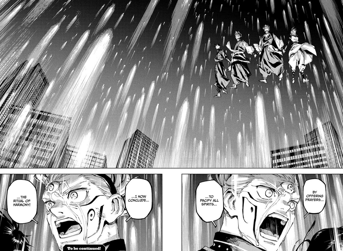 Belevi23's tweet photo. This chapter is astonishing, it's the highest level of Jujutsu we've seen since Gojo vs Sukuna and the same Kenjaku was to achieve for the Merger, it's the Merger but a peaceful one aiming for harmony and that's definitely where "Modulo" comes from #呪術モジュロ https://t.co/smsfcfxJg5
