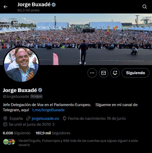 Cuando alguien del nivel de Jorge Buxadé te sigue, entiendes dos cosas:
que hay políticos que no olvidan a su base
y que algo estaré haciendo bien.
Gracias por el gesto.
Viva España 🇪🇸 y Viva Vox 💚
<a href="/Jorgebuxade/">Jorge Buxadé</a> #SoloQuedaVOX