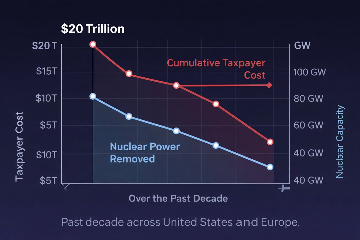jonashelwig's tweet photo. The Green New Deal Has Cost Taxpayers $20 Trillion And Could Cost $20 Trillion More

Over the past decade, Western economies have experienced slower GDP growth, persistent inflation, and a steady erosion of energy intensive manufacturing jobs. At the same time, trillions of dollars have been redirected into large scale energy transition programs under what is broadly framed as a Green New Deal approach.

When you aggregate subsidies, tax credits, grid expansion, industrial compensation packages, carbon compliance systems, premature plant closures, and embedded regulatory costs across the United States and Europe, capital exposure approaches 20 trillion dollars.

And that number may be conservative.

If electrification mandates, renewable overbuild, storage subsidies, hydrogen programs, and grid reinforcement continue at current scale, long term exposure could double.

What did this capital reallocation deliver?

• Wholesale price volatility
• Negative pricing during oversupply
• Price spikes during low wind or low solar periods
• Rising grid congestion costs
• Curtailment payments funded by ratepayers
• Growing dependence on imports
• Inflationary pressure across industrial supply chains
• Loss of energy intensive manufacturing jobs
• Structural barriers preventing new large scale manufacturing facilities

Energy systems became more complex, less predictable, and less investment friendly.

When electricity prices swing between zero and extreme highs, volatility spreads through the economy. It affects steel, chemicals, construction materials, logistics, and food processing. Volatility becomes inflation.

New manufacturing facilities require stable 20 to 40 year power agreements before committing capital. If grid access is delayed, pricing unstable, and firm capacity constrained, projects do not move forward.

In some markets, new industrial load can only connect if existing industry shuts down or relocates. That is not growth. That is capacity recycling through contraction.

Meanwhile, countries that prioritize firm generation including nuclear offer stable pricing and predictable supply. Capital moves toward energy abundance.

High regulation combined with structural price instability discourages firm generation investment, particularly nuclear. Extended licensing timelines, compliance escalation, and financing uncertainty create built in barriers to stable baseload expansion.

Energy policy is industrial policy.

The first 20 trillion dollars reshaped Western energy systems.

The next 20 trillion will determine whether those systems remain industrially competitive or continue de industrializing.
