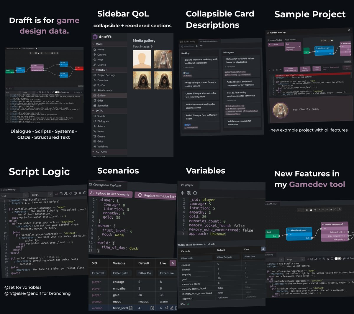 Drafft 2.4.0: scripting logic, scenario diffs, and a beefy new sample project.  
drafft.dev/changelog
 #indiedev #gamedev #gamedevtools #narrativeDesign