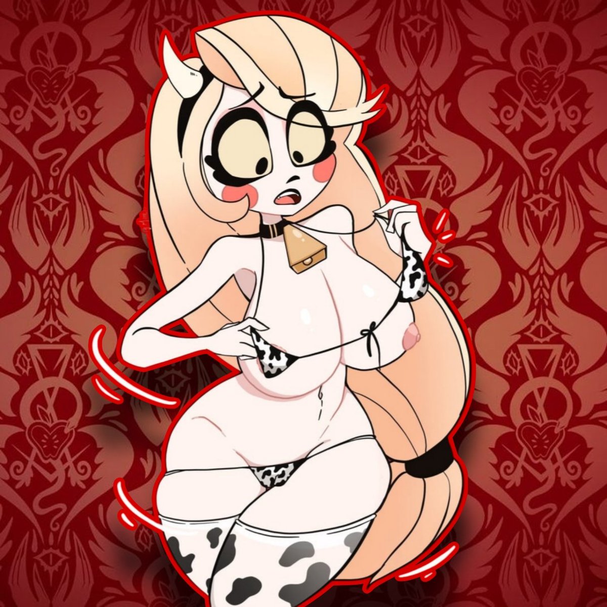 ⛧ Ugh... Creo que debí tomar una talla más grande para esto, no sabía que tenía 𝑻𝑬𝑻𝑨𝑺 tan grandes...
    
#SeductiveSunday