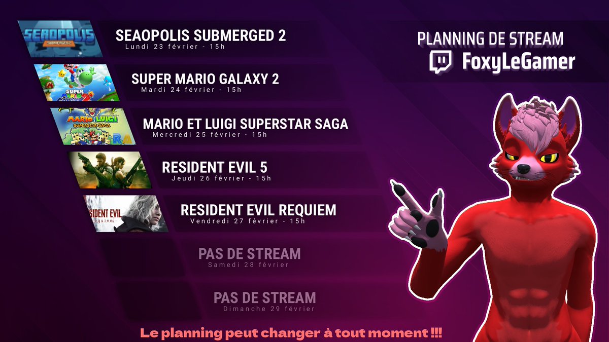 Voici le planning de la semaine !

Un planning assez chargé (mon sommeil va prendre un coup :D) 

Et ouais Resident Evil Requiem, j'ai tellement hâte (mon PC pas sûr UwU)

oh btw, on rappelle, lundi je serai avec <a href="/thibault567/">🦊🧡thibault567🧡🦊</a> pour Minecraft