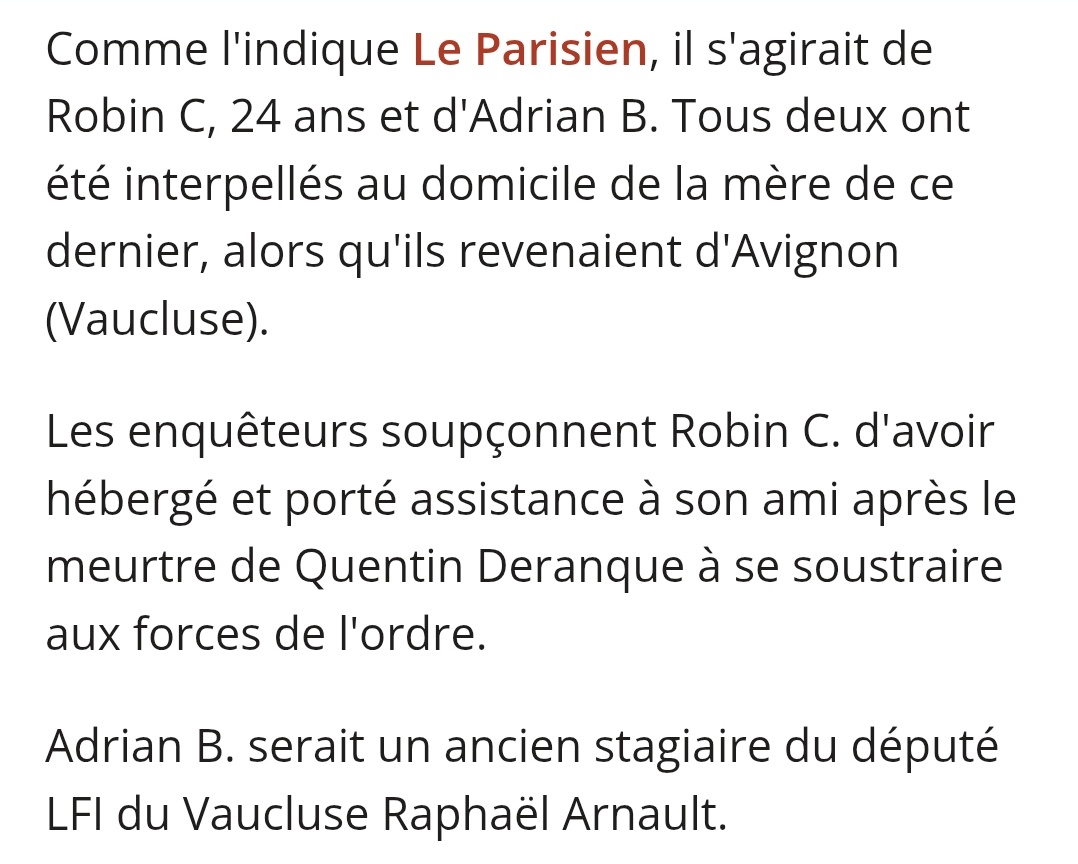 🚨 Alerte info à DIFFUSER massivement : l’un des mis en cause dans l’affaire du meurtre de Quentin, pour avoir aidé l’un des meurtriers à échapper à la police, est TOUJOURS assistant parlementaire de Raphaël Arnault.

En effet, sur le site de l’Assemblée Nationale, Robin Michel