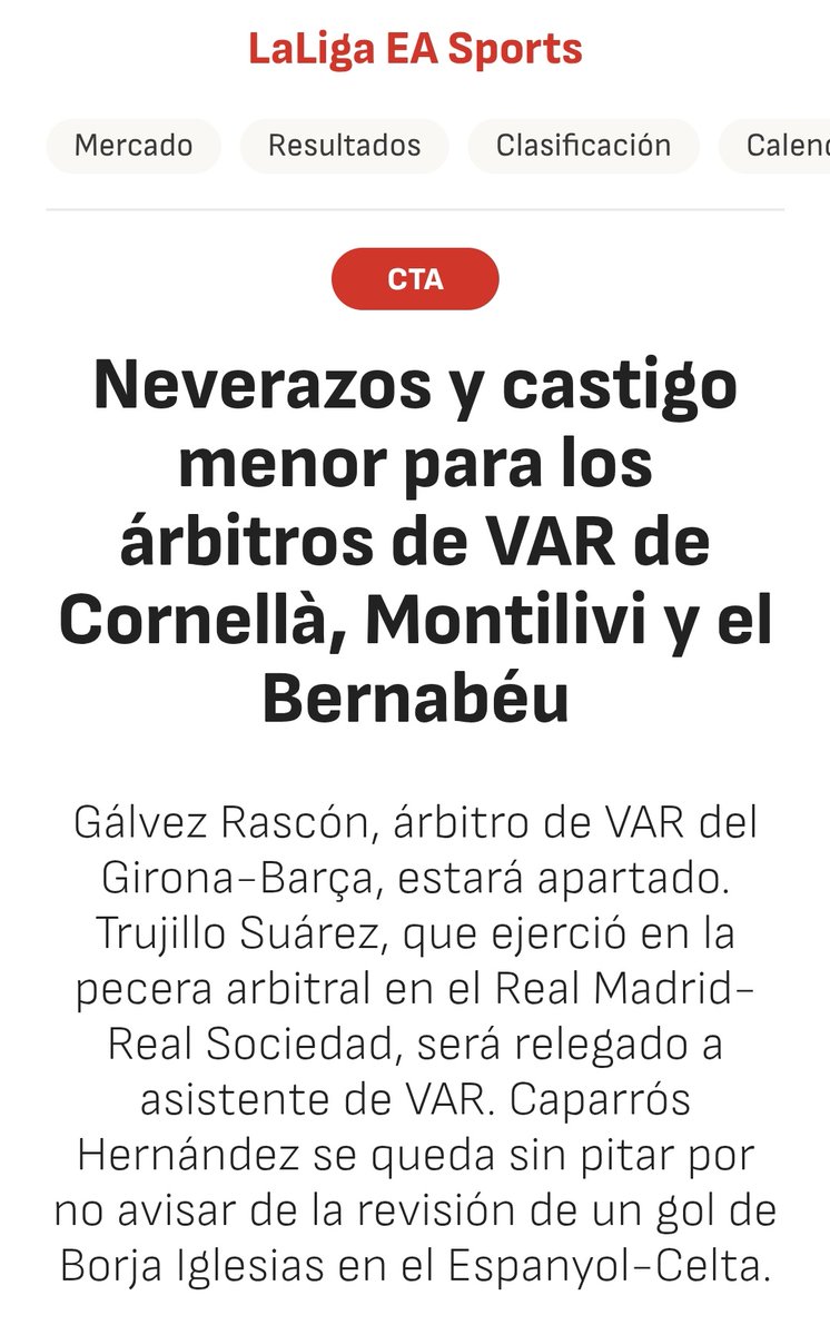 Hace tan solo cinco días el CTA castigó a un árbitro de VAR que presuntamente perjudicó al Barcelona y a un árbitro de VAR que presuntamente benefició al Real Madrid. Según la Guardia Civil es el mismo modus operandi que usaba Negreira. Le marcan el camino al resto de colegiados.