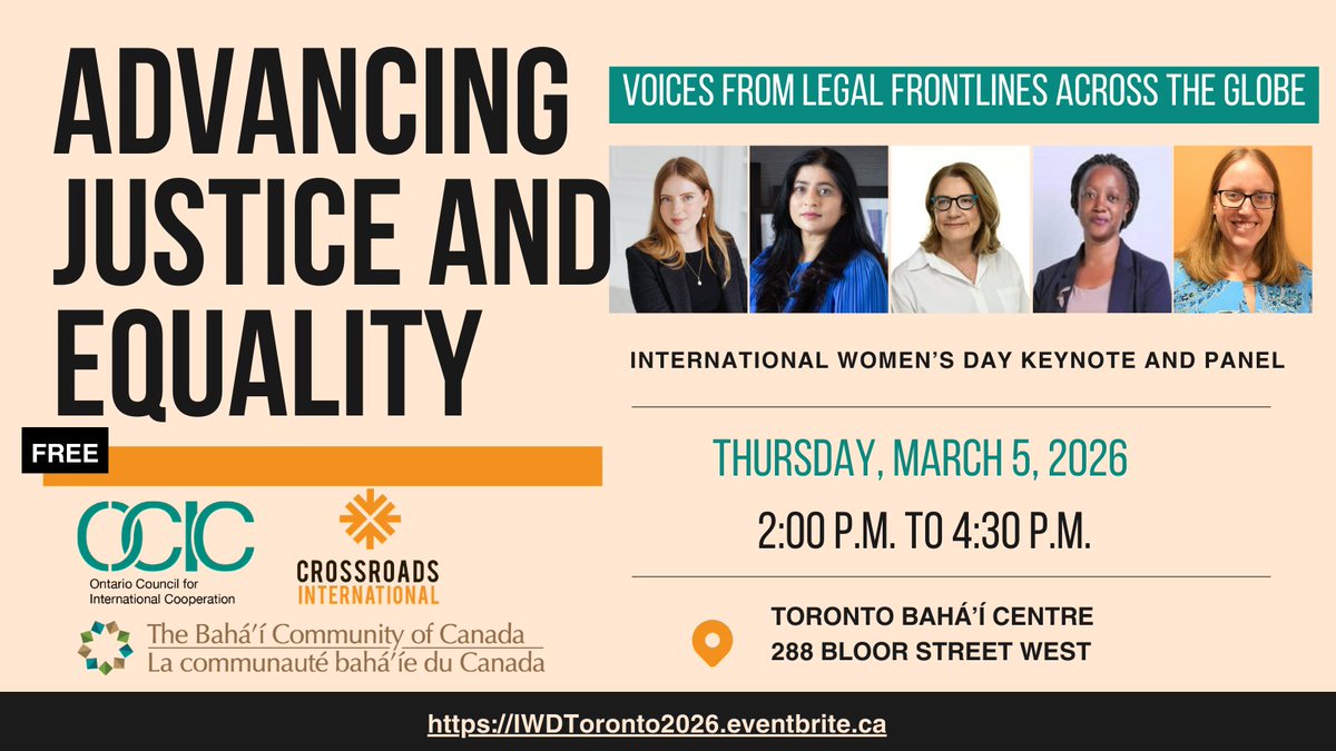 CanadaBahai's tweet photo. À l’occasion de la Journée internationale de la femme, nous sommes ravis d’organiser une discussion le jeudi 5 mars sur l’accès à la justice et l’égalité transformatrice, en collaboration avec @CrossroadsIntl et l’Ontario Council for International Cooperation, au Centre bahá’í de Toronto.
Pour assister à l’événement, veuillez vous inscrire sur le lien suivant :  https://t.co/XEr46O45yK