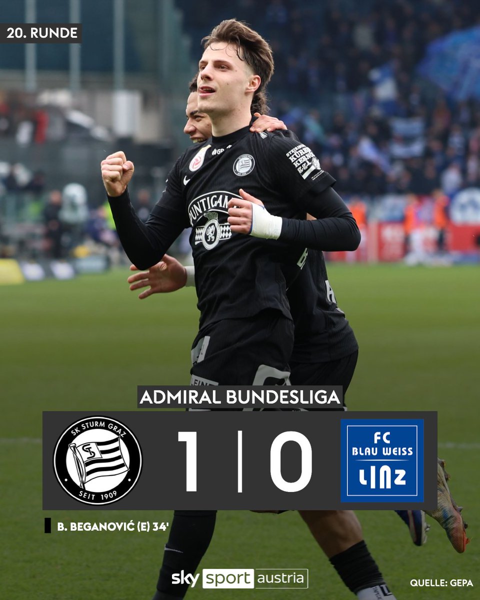 SkySportAustria's tweet photo. Beganovic-Goldtor: Sturm feiert knappen Heimsieg gegen Blau-Weiß! ⚽ 

👉 https://t.co/ryhQiSn1Fu

#SkyBuliAT #STUBWL https://t.co/lSPs6uAKWy
