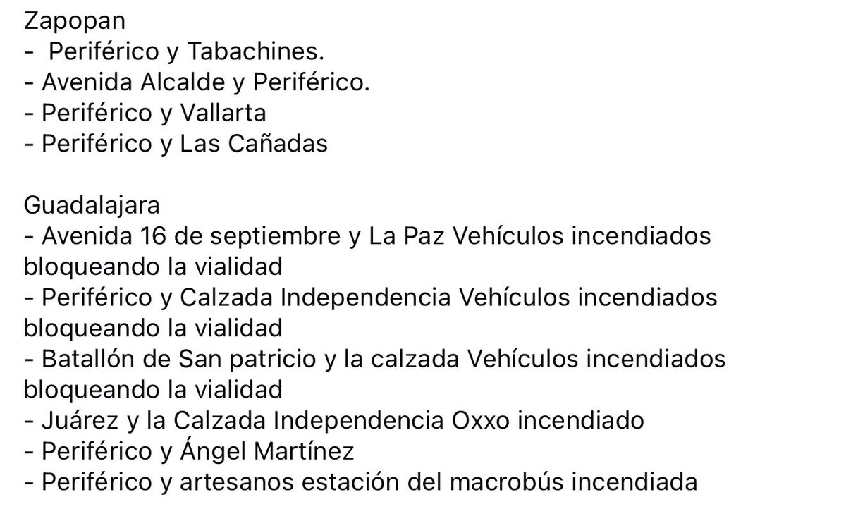 ELPAJANAVARRO's tweet photo. Narcobloqueos en Guadalajara. 

Estos son los puntos confirmados de la quema de autos en la zmg tras el operativo federal contra el cartel Jalisco Nueva Generación https://t.co/2E49uRUWKu