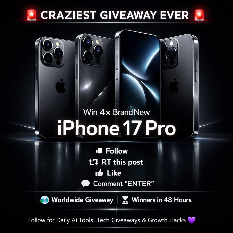 CRAZIEST GIVEAWAY EVER

Win 4× Brand New iPhone 17 Pro

How to enter:
Follow
<a href="/sakhil_ai/">Sakhil Khan</a>

RT this post
Like
Comment “ENTER”

Worldwide | Winners in 48 hrs

Follow for daily AI tools, tech giveaways &amp; growth hacks

Good luck!