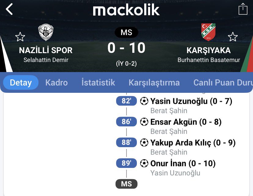 3. Lig’de bulunan Karşıyaka, Nazilli Spor karşısında 7 dakikada 4 gol atarak maçı 10-0 kazandı. 👀