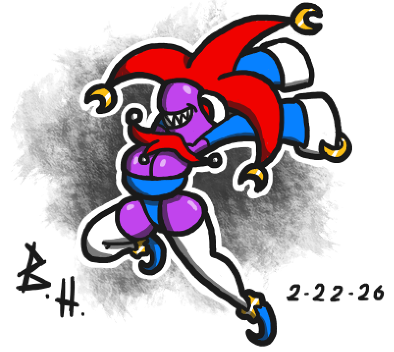 Bkenhopper's tweet image. &amp;gt;Everhood 2 Spoilers&amp;lt;

*Jesters aggressively towards you* Decided to put a spin on Everhood 2's Midnight Jester Bobo. Honestly one of the top five best boss/tracks in that game. More to come. Stay tuned
#bobo #jester #everhood2 #fanart #bken #digitalartwork #CartoonArt