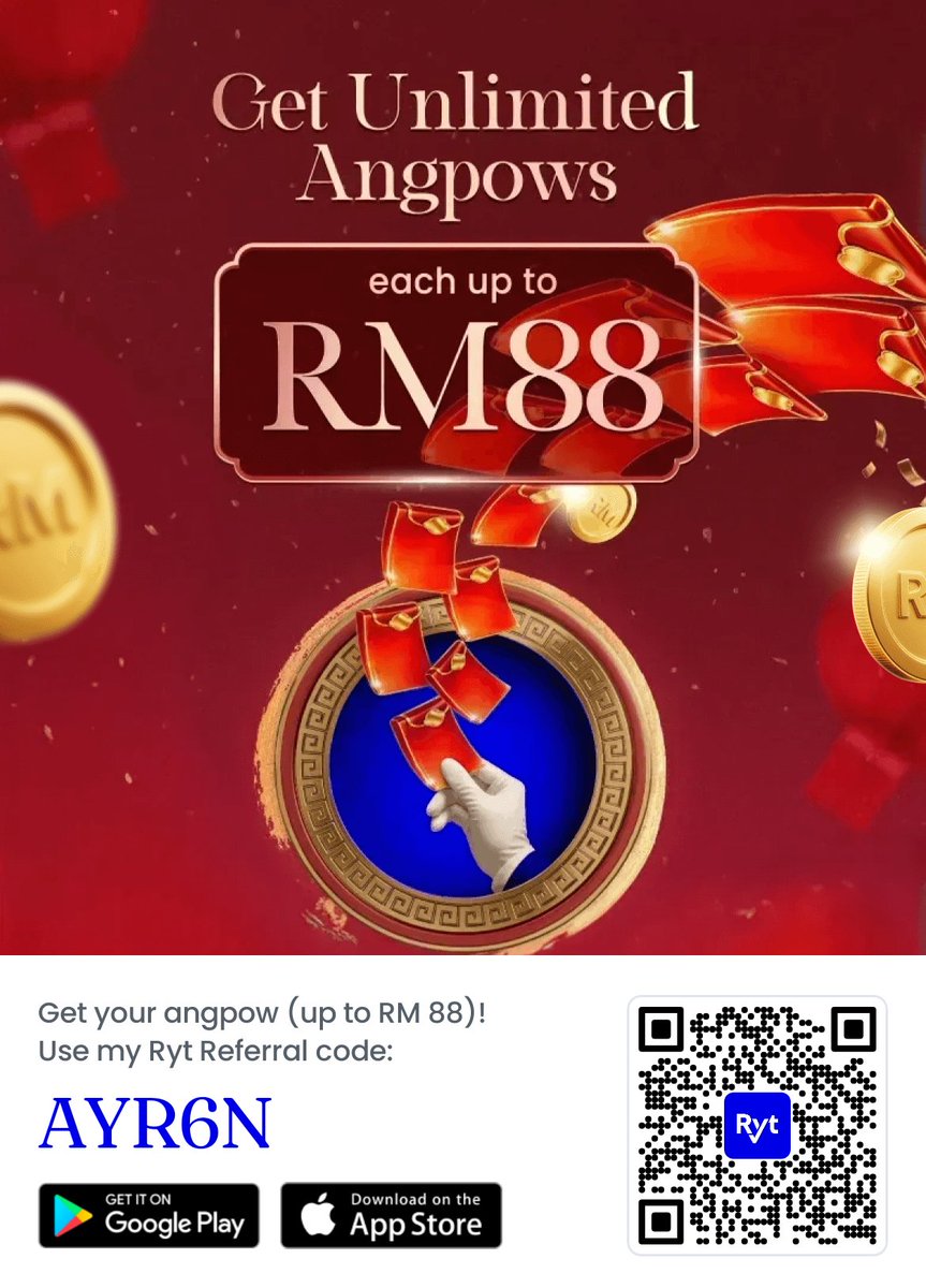 zhar_har's tweet photo. 🧧 Gong Xi Gong Xi! I've got an angpow for you! 🤩

Sign up now and get up to RM 88 when you join Ryt Bank with my link:

✔️ Download:
https://t.co/WY5JnWR9CM

✔️ Use Code:
AYR6N

🐴 May the Year of the Horse bring you the Ryt fortune! 🧧

T&amp;Cs apply. https://t.co/nTEkUu9KYk