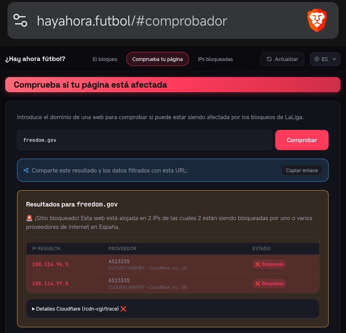 Hi, <a href="/POTUS/">President Donald J. Trump</a> <a href="/WhiteHouse/">The White House</a> <a href="/StateDept/">Department of State</a> <a href="/CISAgov/">Cybersecurity and Infrastructure Security Agency</a> <a href="/elonmusk/">Elon Musk</a>
How can a private corp in Spain (@laliga), led by <a href="/Tebasjavier/">Javier Tebas Medrano</a>, together with ISPs (<a href="/movistar_es/">Movistar España</a> <a href="/digimobil_es/">DIGI España</a> <a href="/vodafone_es/">Vodafone España</a> <a href="/orange_es/">Orange España</a> <a href="/masmovil/">MASMOVIL</a>) block <a href="/Cloudflare/">Cloudflare</a> IPs affecting access to freedom.gov?
#laligagate