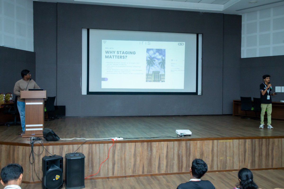 FOSSMangalore's tweet photo. Our Own Staging &amp; Device Farm at IRIS, NITK
A lightning talk by Shanjiv A and Nishant A S on the open-source staging platform being built at IRIS, NITK https://t.co/y35Y2GtJ7F
