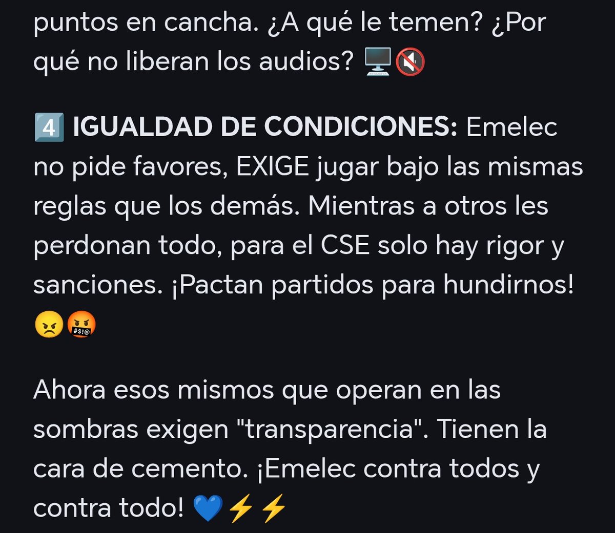 1️⃣ Cambiaron reglamentos a mitad de torneo🤐
2️⃣ Sancionaron jugadores x infracciones q NO cometieron en competencia. ❌
3️⃣ Esconden audios del VAR para robarnos puntos.🔇🖥️
4️⃣ Pactan partidos para hundirnos y ahora cínicamente piden honestidad y transparencia? 
#Emelec #LigaPro