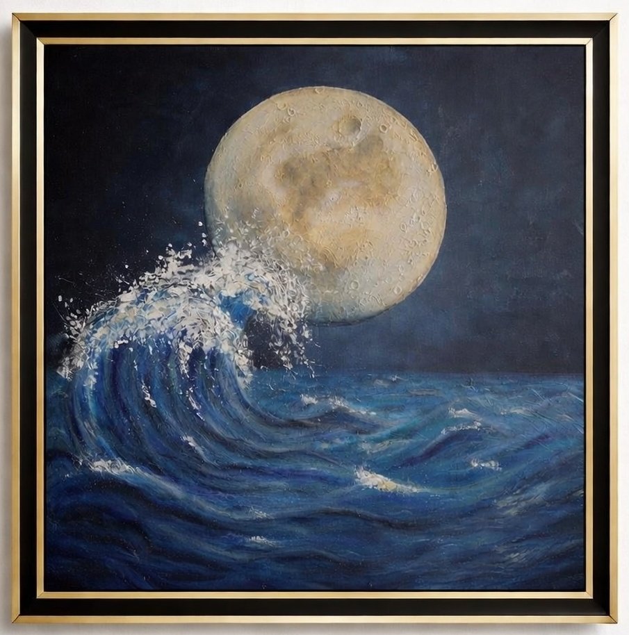 Art_by_Kelli's tweet image. Lunar Break
Mixed media on Canvas, 60x70cm

I'm always in awe at the forces that connect sky and sea. This painting captures the moon's gravitational pull on the tides in a single intense moment—the quiet celestial body meeting the raw energy of the sea. 

#moon #moongazing