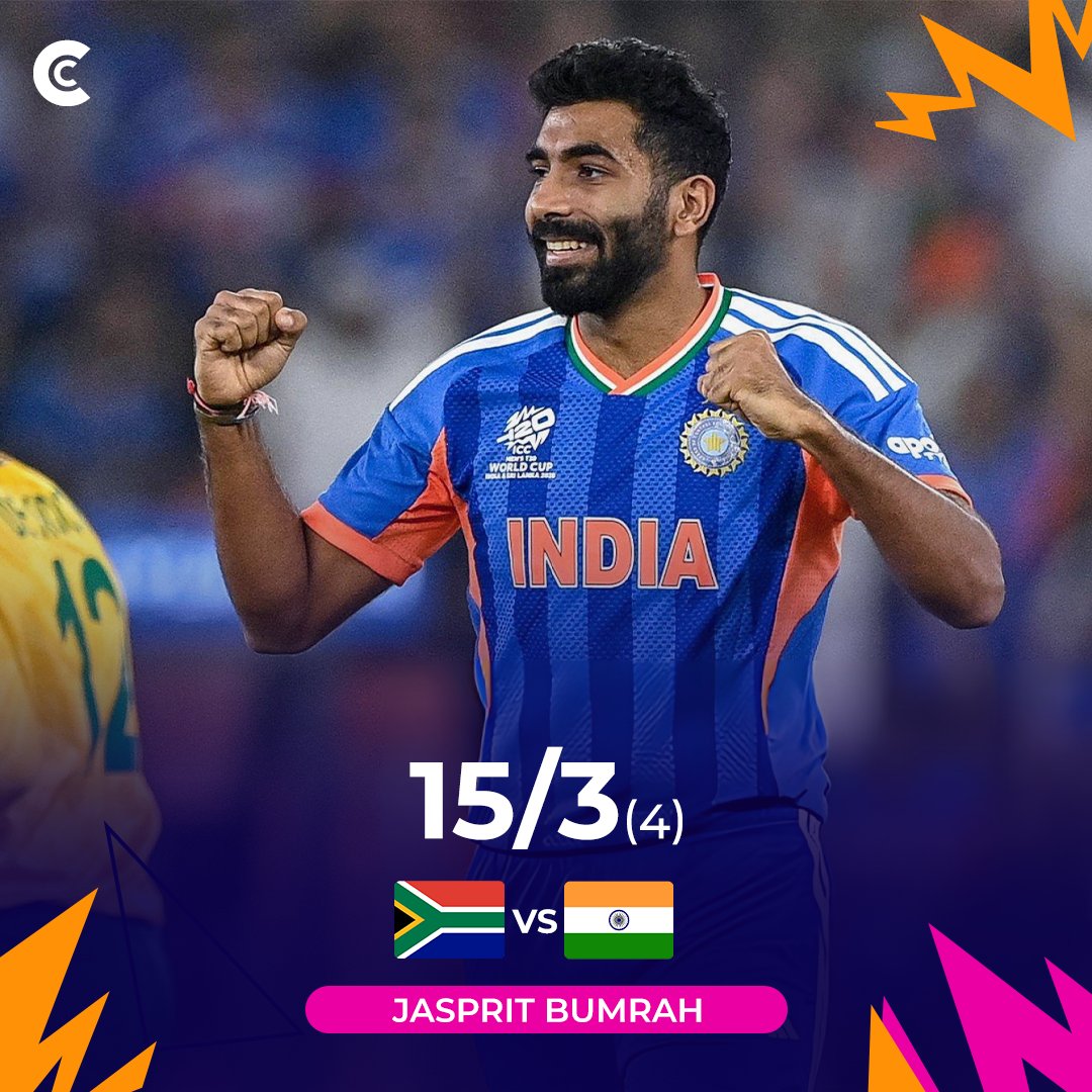 Criccore74's tweet photo. 4 Overs | 15 Runs | 3 Wickets | 18 Dot Balls

Precision, pace, and pure dominance from Jasprit Bumrah to dismantle the top order! 🇮🇳🔥

#INDvsSA #T20WorldCup2026 #T20WorldCup #T20WC2026 #T20WC #ICCMensT20WorldCup2026 #ICCMensT20WorldCup #criccore #DavidMiller #Ahmedabad