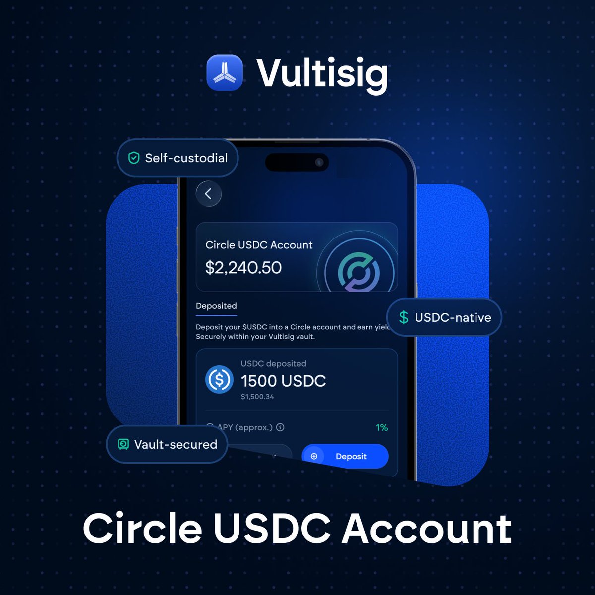 Thanks to our partnership with @Circle, you can now earn yield by holding $USDC in your Vultisig wallet.

Just go to the DeFi tab and deposit USDC into a Circle Account. 

Fully self-custodial yield; put your funds to work.