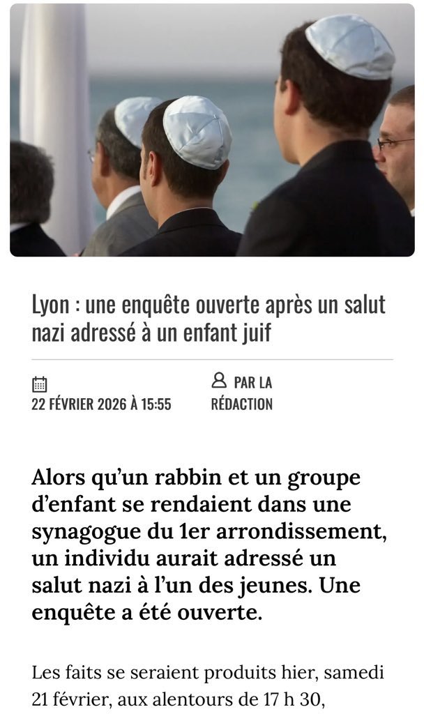 On vous avait bien dit de n’pas laisser les fachos défiler dans Lyon ce samedi p’tin’‼️

📌#Lyon : une enquête ouverte après un #salut_nazi adressé à un #enfant_Juif près d’une synagogue je répète, juste après la #ManifDesFachos pour leur pote #Quentin

lyoncapitale.fr/actualite/lyon…