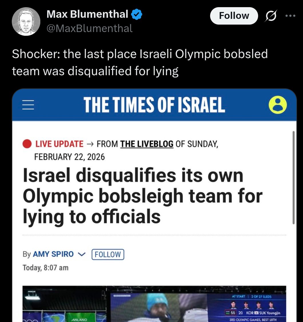 Chuckled at this. It's a story, for better or worse, about a Jewish Israel athlete playing sick so that his non-Jewish, Arabic speaking teammate can experience Olympic play. 

Putinist Max Blumenthal incites comments about Jews being genetically inclined toward lying.