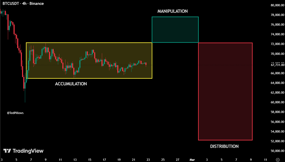 TedPillows's tweet photo. Something like this could play out for $BTC.

A pump towards the $76,000 level to make longs more aggressive.

Then a nuke to new lows. https://t.co/N52O4aDUtL