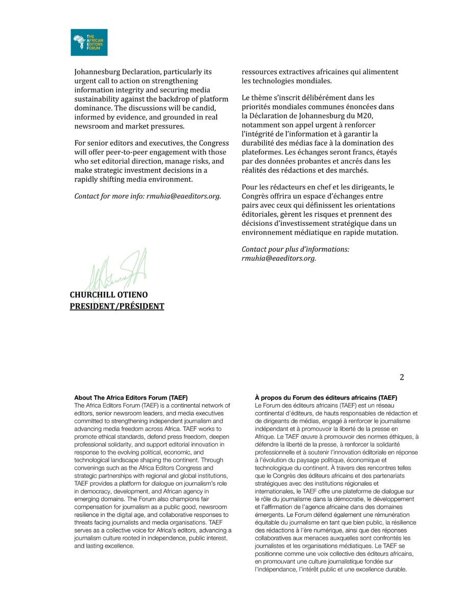 PRESS  RELEASE: Africa Editors meet tomorrow at #AfricaEditorsCongress26 to confront media challenges on the continent.
The high-level meeting will bring together editors, media experts, journalism educators, academics &amp; specialists from across the continent in Nairobi, Kenya.