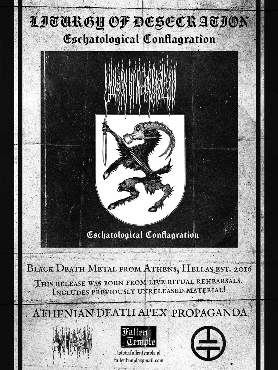 DeathDoomed's tweet photo. Liturgy of Desecration 

Coming soon on CD by my long time comrade @fallentemplepl ! New logo and cover goat sigil by @warhead_art ! #bestialblackmetal #warmetal #rehearsal #warnoise #atheniandeathapexpropaganda https://t.co/SCfSx4pzsZ