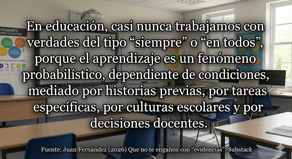 "En educación, casi nunca trabajamos con verdades del tipo “siempre” o “en todos”, porque el aprendizaje es un fenómeno probabilístico..." (Fernández, 2026).
investigaciondocente.substack.com/p/que-no-te-en…