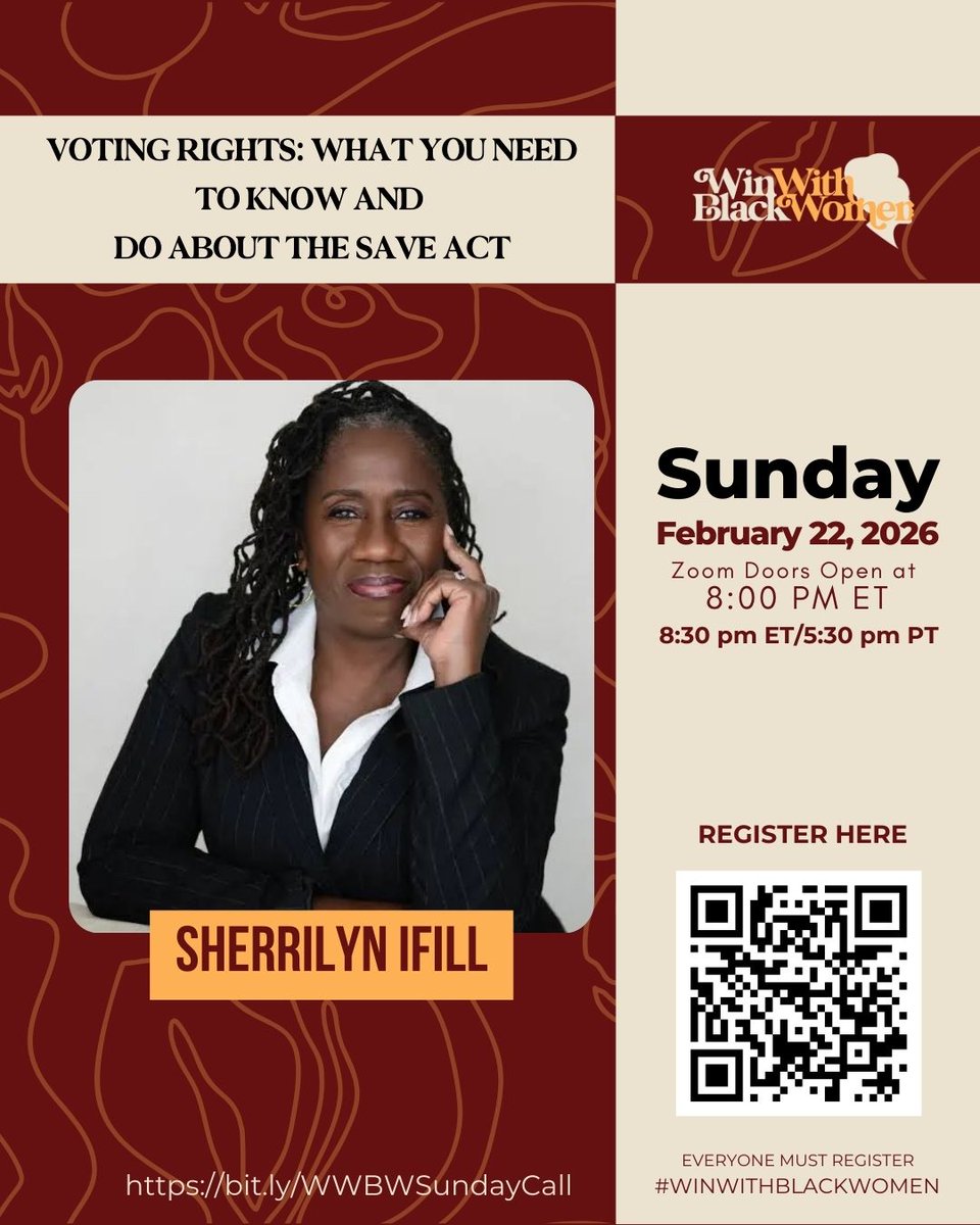 Voting rights are on the line — again.

Judith Browne Dianis, LaTosha Brown, and Sherrilyn Ifill join us to break down what the SAVE Act means, and what’s at stake.  

🗓️ Sun, Feb. 22 | 8:30 PM ET
📲 RSVP: bit.ly/WWBWSundayCall

#WinWithBlackWomen