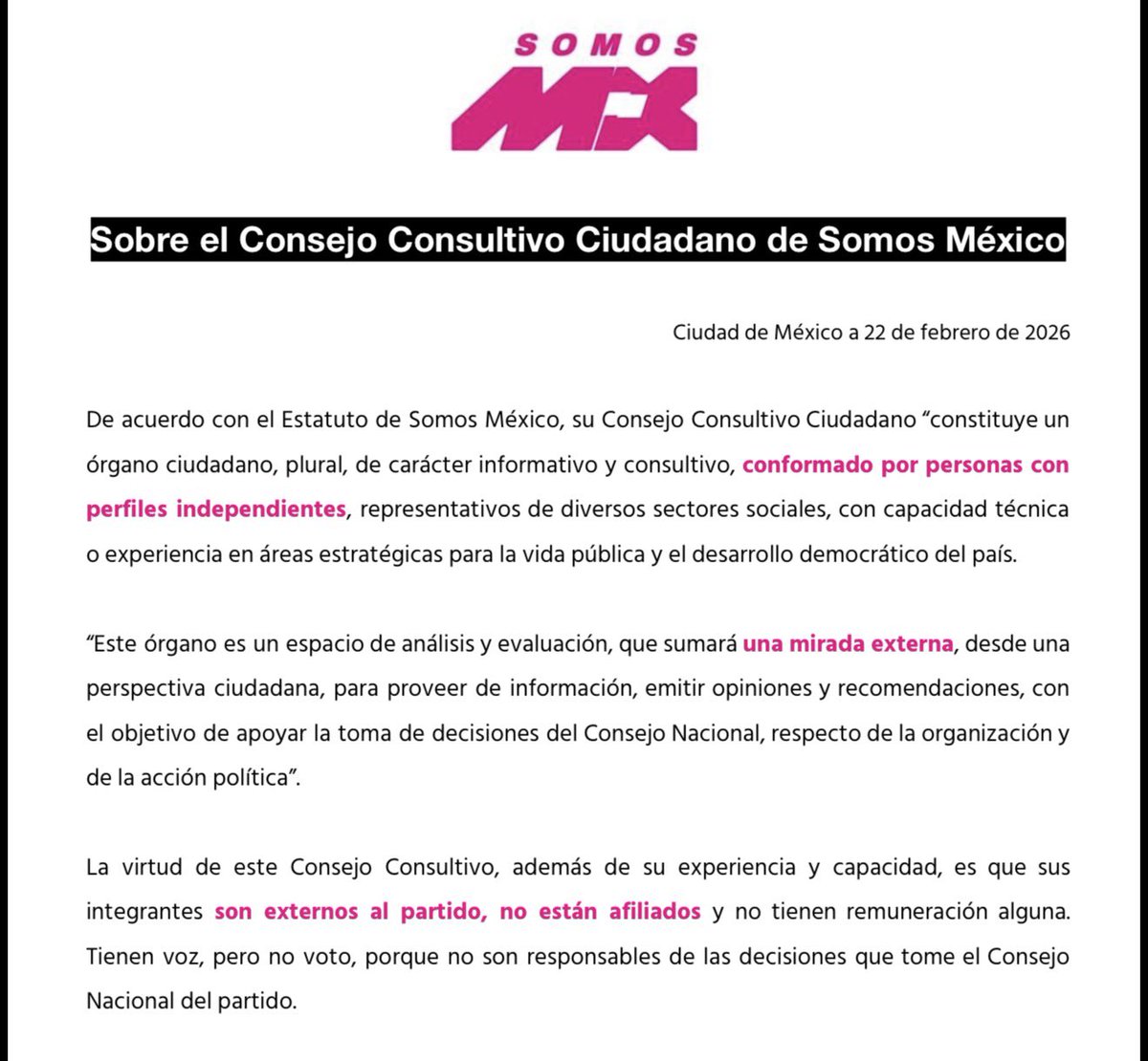 Sobre el Consejo Consultivo Ciudadano de Somos México

De acuerdo con el Estatuto de Somos México, su Consejo Consultivo Ciudadano “constituye un órgano ciudadano, plural, de carácter informativo y consultivo, *conformado por personas con perfiles independientes*, representativos