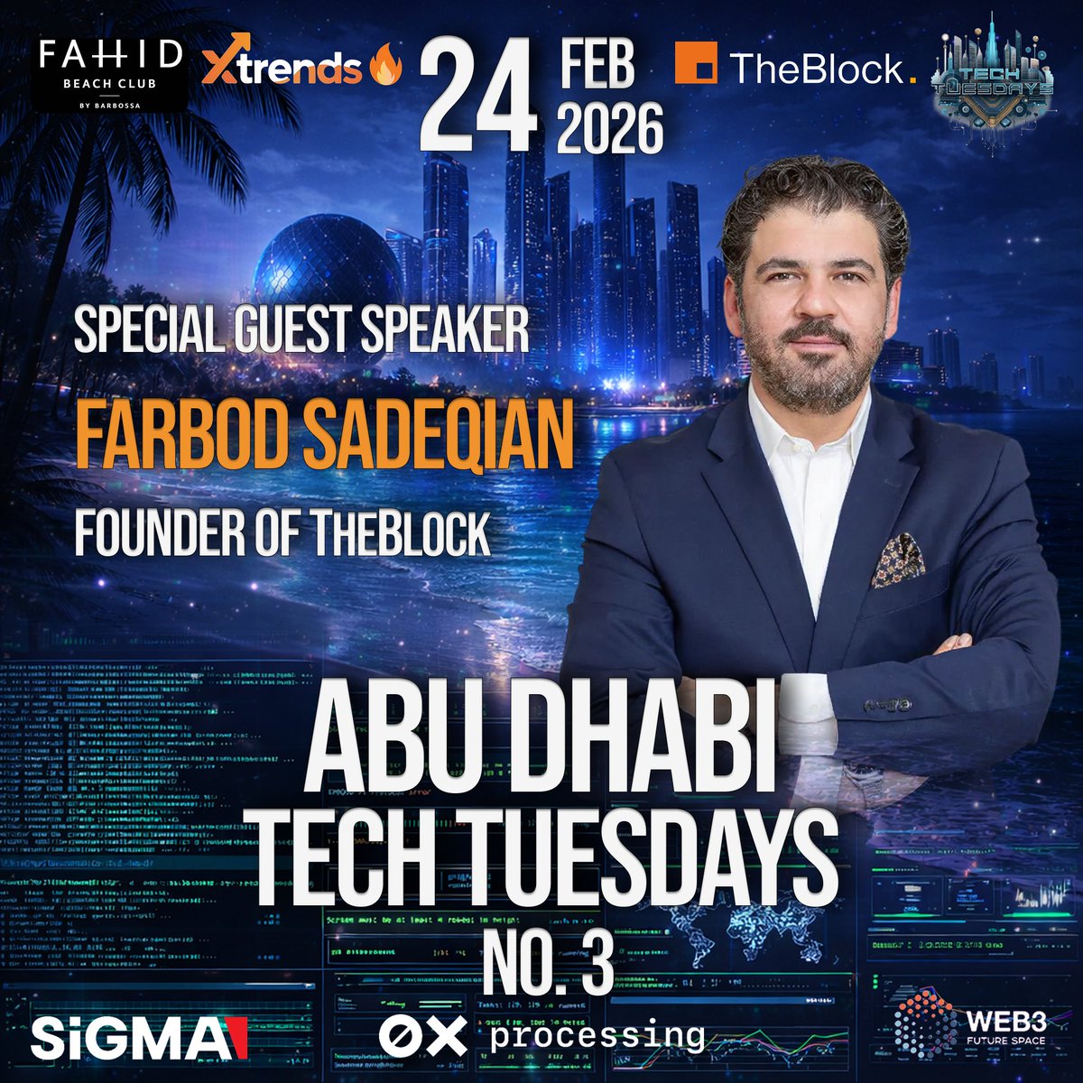 #AbuDhabi Tech Tuesdays No. 3 in TWO DAYS - RSVP Now!

​Tech Tuesday's ABU DHABI expansion continues apace. Join us in 2 days (Feb 24, 2026) for ADTT No. 3. As always, enjoy the mild evening weather and beverage/food specials at the lovely Fahid Beach Club by Barbossa.