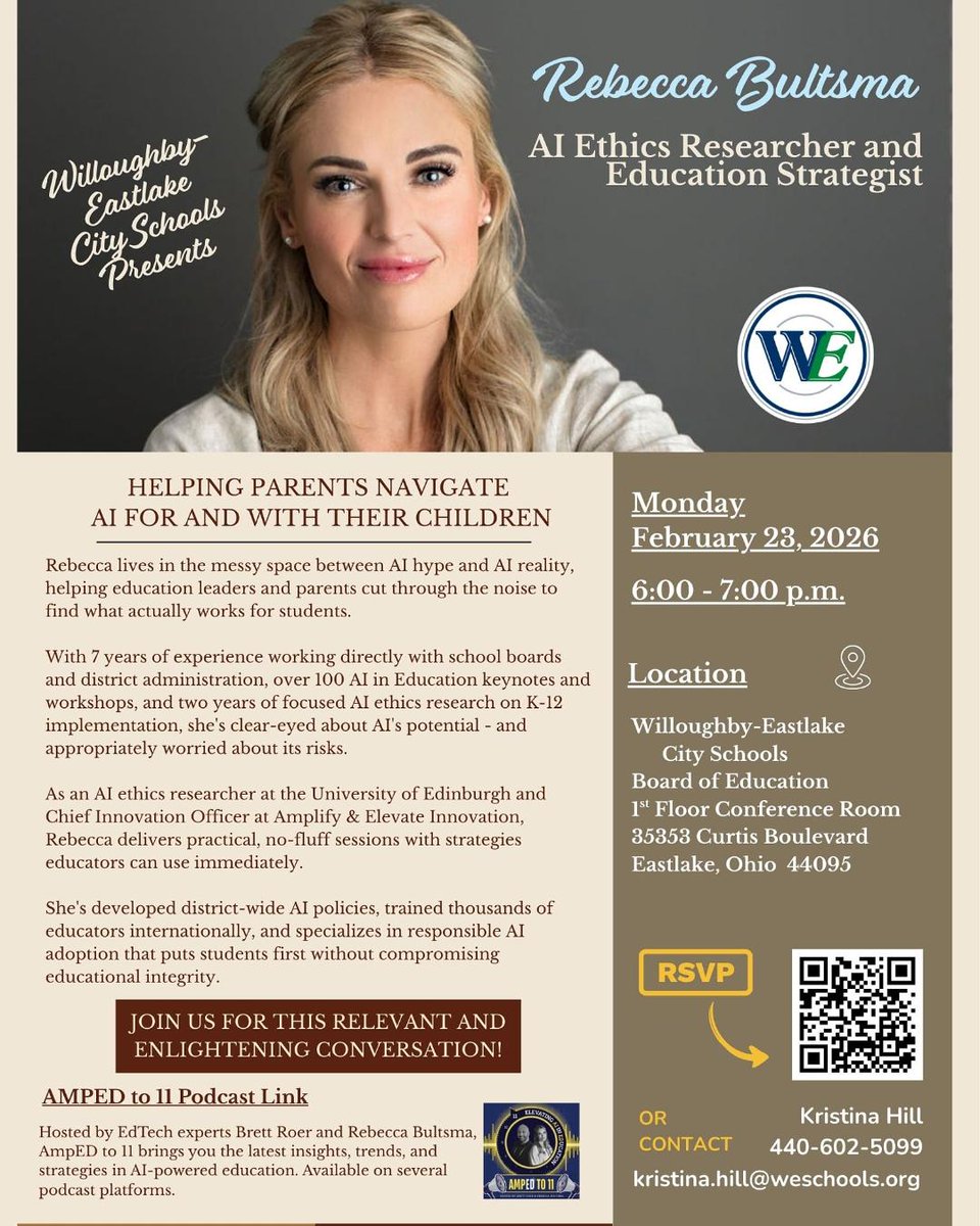 Parents and Guardians-Are you curious about AI and how it can be used in K-12 education to support teachers and students? Join us for this free presentation by Rebecca Bultsma, an AI Education Strategist, Feb 23 at 6 p.m. at the W-E Schools Board of Education.