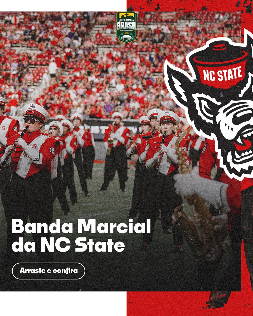 CFootballBrasil's tweet photo. A banda marcial da NC State Wolfpack é parte da experiência do College Football.
Ela traduz tradição, ritmo e identidade, elevando a atmosfera do estádio e conectando música, esporte e cultura universitária.

Esse espetáculo poderá ser vivido de perto no Rio de Janeiro. https://t.co/elOVuNmXAF
