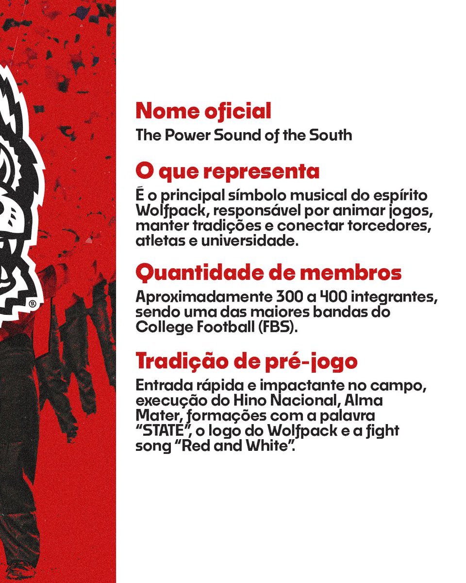 CFootballBrasil's tweet photo. A banda marcial da NC State Wolfpack é parte da experiência do College Football.
Ela traduz tradição, ritmo e identidade, elevando a atmosfera do estádio e conectando música, esporte e cultura universitária.

Esse espetáculo poderá ser vivido de perto no Rio de Janeiro. https://t.co/elOVuNmXAF