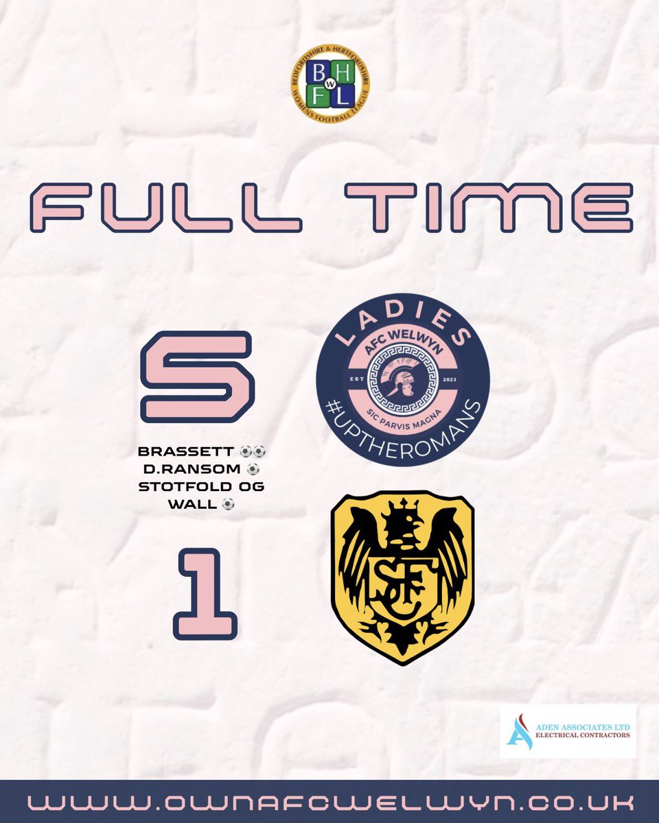 AFCWelwynLadies's tweet photo. FULL TIME: AFC Welwyn Ladies 5-1 Stotfold Ladies
Goal Scorers:
β½οΈβ½οΈ Brassett
β½οΈ D. Ransom
β½οΈ Stotfold OG
β½οΈ Wall
Five goals. Three points. Big statement. π
#UpTheRomans #HomeWin #Big3points #AFCwelwynladies https://t.co/03CogM5uPQ