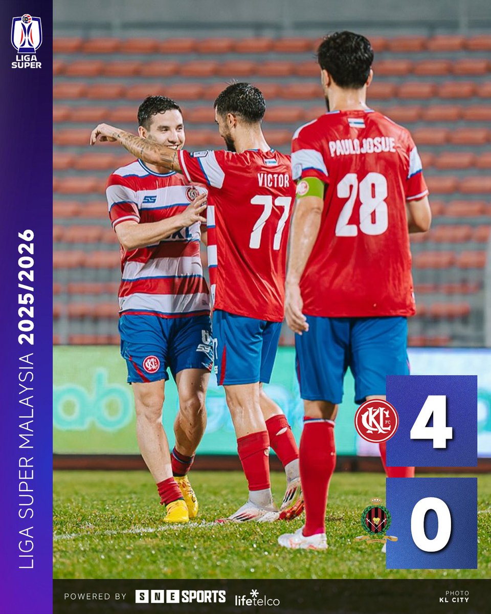 SNE_Sports's tweet image. #LigaSuper 2025/26 Matchday 18 Results

FT: Kuala Lumpur City 4-0 DPMM FC

⚽ 9' (KLC 1-0) Safawi Rasid
⚽ 18' (KLC 2-0) Safawi Rasid
⚽ 61' (KLC 3-0) Paulo Josué
⚽ 70' (KLC 4-0) Victor Ruiz

📷 : KL City

#KLCDPMM #KLCity #DPMMFC
#SNESports
#LifeTelco
