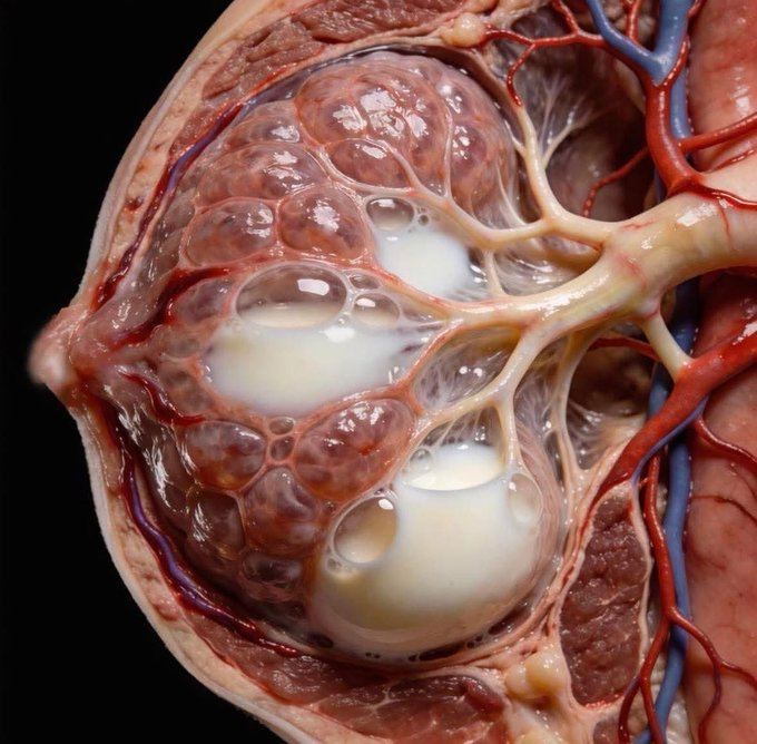 BrukiMaRX's tweet image. La mayoría de la gente imagina la leche materna como algo simple.
Blanca. Sencilla. Solo alimento.

Pero así es como se ve por dentro.

Este es un vistazo al interior de un pecho mientras produce leche.
Miles de diminutas bolsas productoras de leche, cada una llenándose, fluyendo