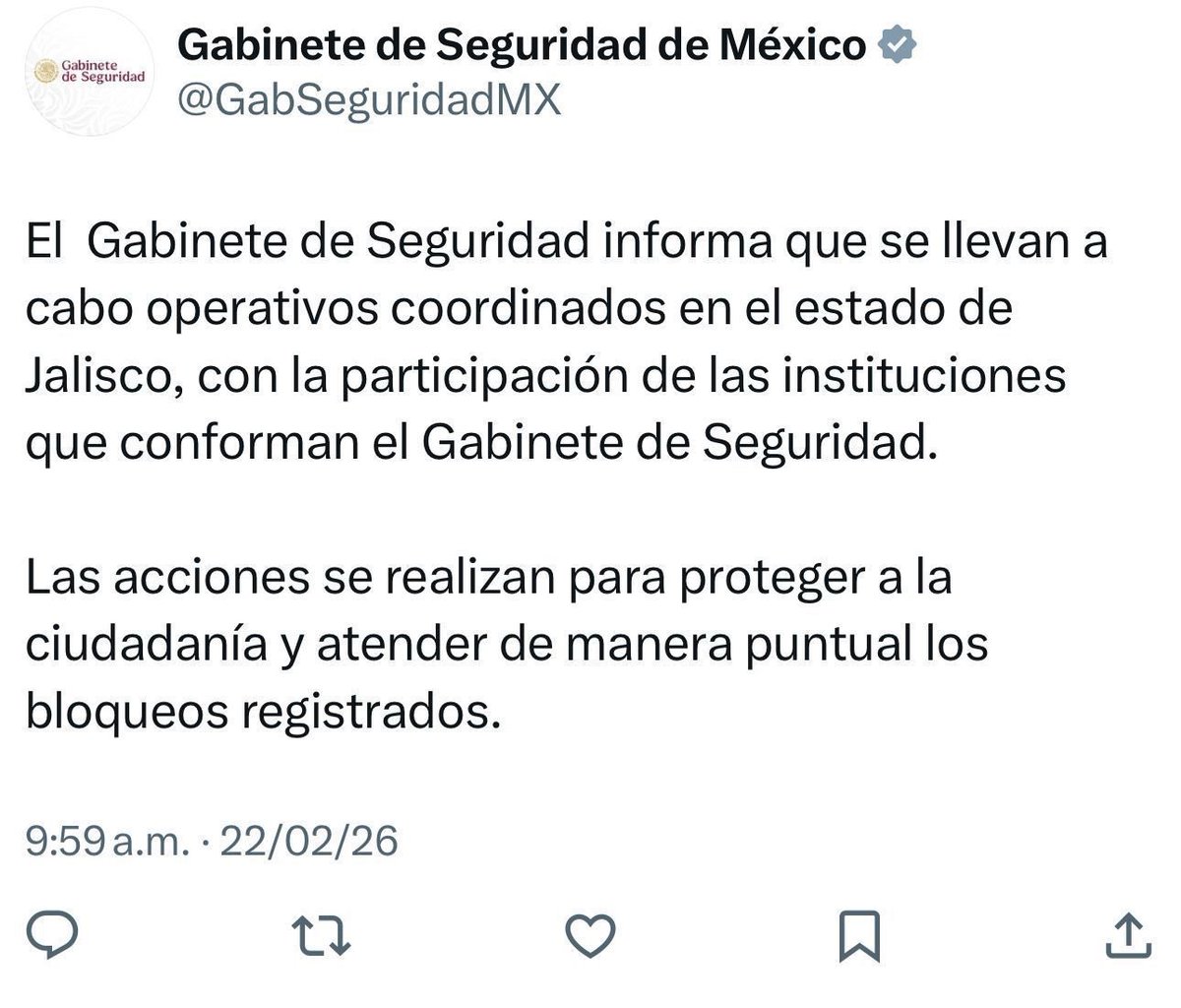 Gabinete de seguridad informa que se realizan “operativos coordinados en el estado de Jalisco”.
Indican que realizan “acciones” frente a narcobloqueos.