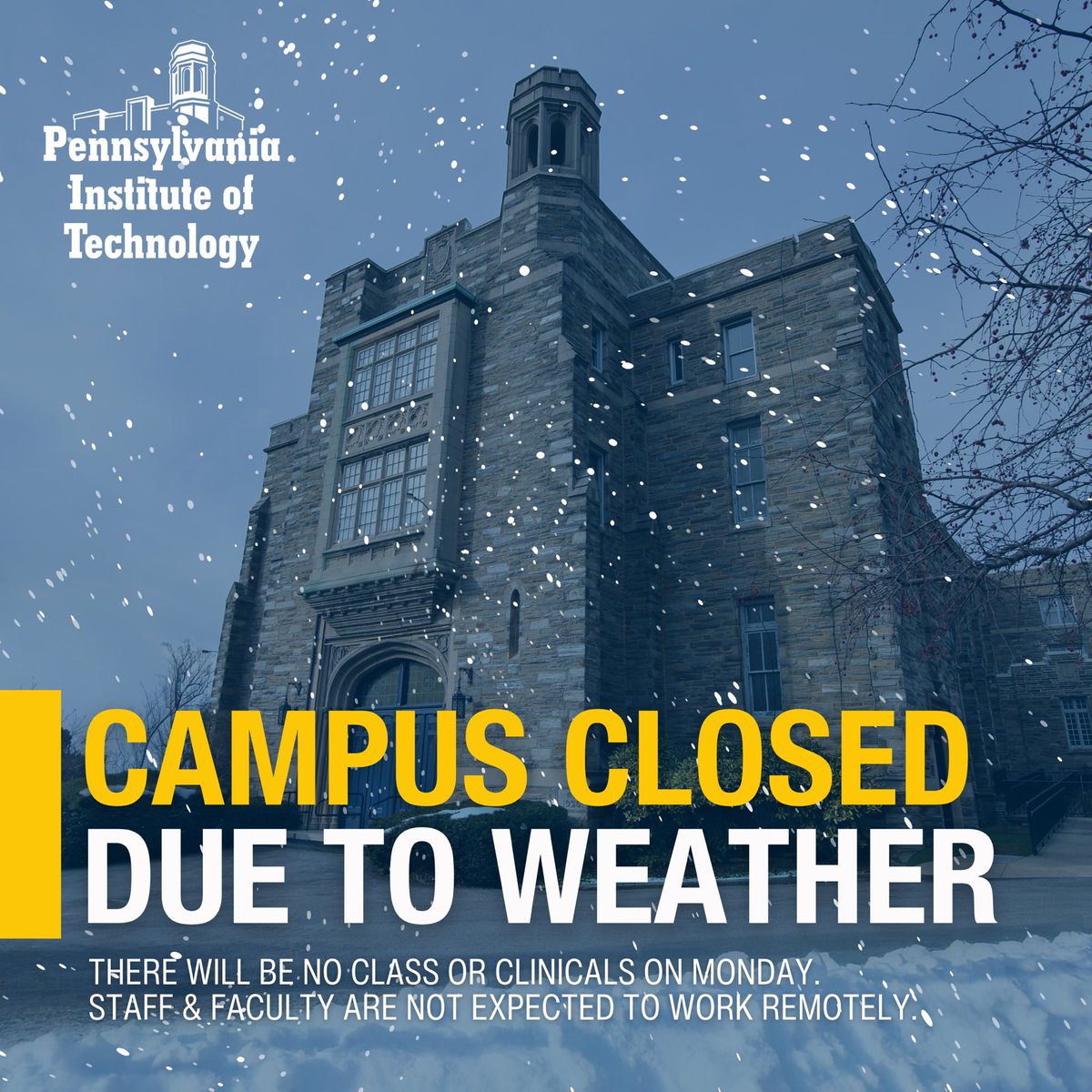 Due to winter storm conditions, P.I.T. will be closed on Monday, February 23, 2026. There will be no class or clinicals for students, and staff and faculty are not expected to work remotely. 

Walk-in registration week will begin on Tuesday weather permitting.

❄️❄️❄️

#snowstorm