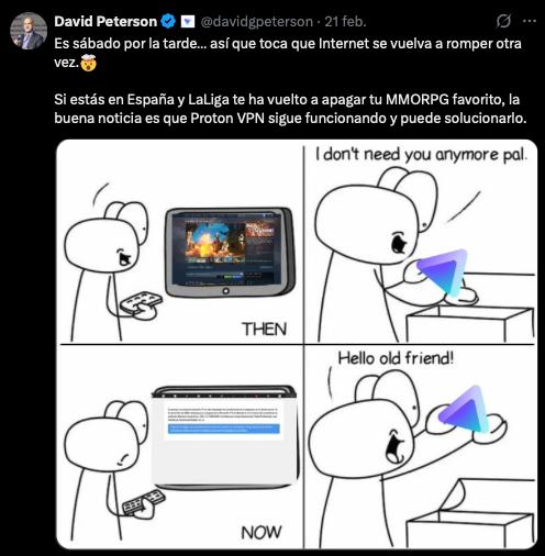 🌐ProtonVPN y su director general comentan sobre LaLiga

Os dejo algunas imágenes de los últimos post de la cuenta oficial de ProtonVPN y su director general David Peterson.

"Fines de semana en España:

- Buena comida
- Cultura asombrosa
- Inviernos suaves y soleados
- Buen