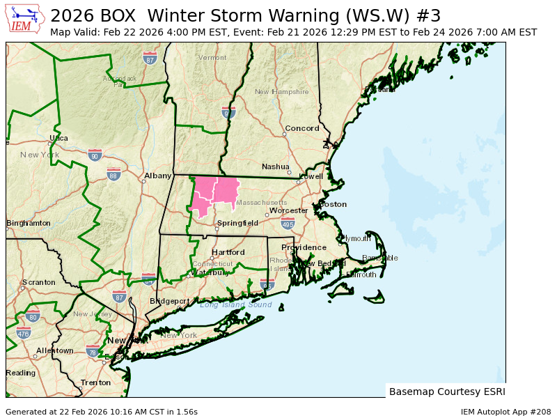 BOX continues Winter Storm Warning valid at Feb 22, 4:00 PM EST for Eastern Franklin, Western Franklin, Western Hampshire [MA] till Feb 24, 7:00 AM EST mesonet.agron.iastate.edu/vtec/f/2026-O-…