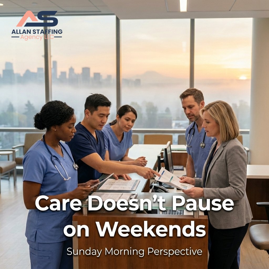 allanstaffing's tweet image. Sunday morning in Seattle.
Healthcare teams are already in motion.
Weekends don’t pause care — they reveal preparation.

allanstaffingagency.com
#SeattleHealthcare #WeekendShift